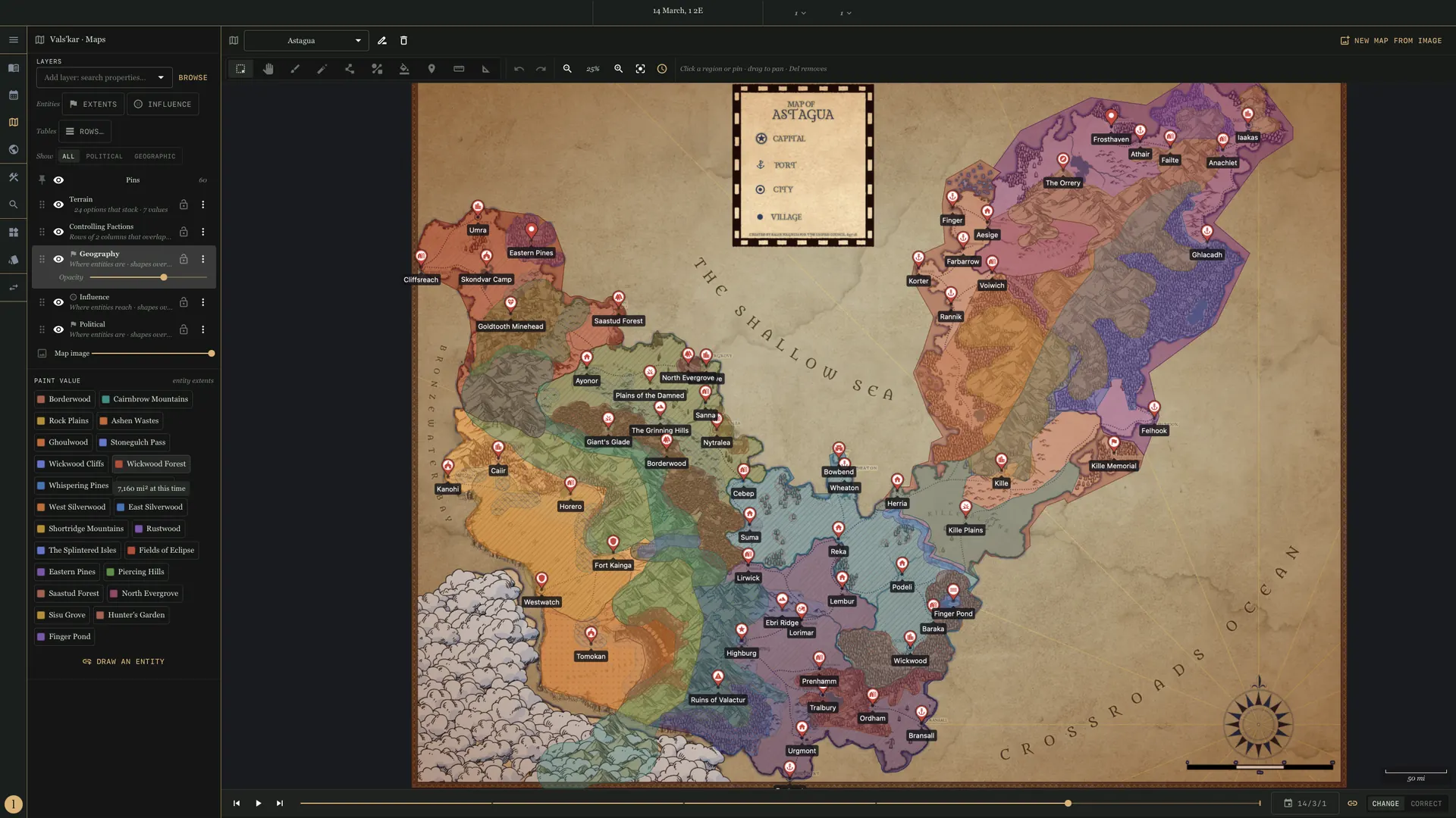 Eclorean Ledger map editor showing the continent of Vals'kar with political, geographic and influence layers, 60 pins and a timeline scrubber set to 14 March, 1 2E.